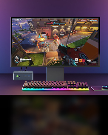 Gaming setup with ultrawide monitor displaying colorful game graphics, RGB keyboard visible in the lower portion of the frame.