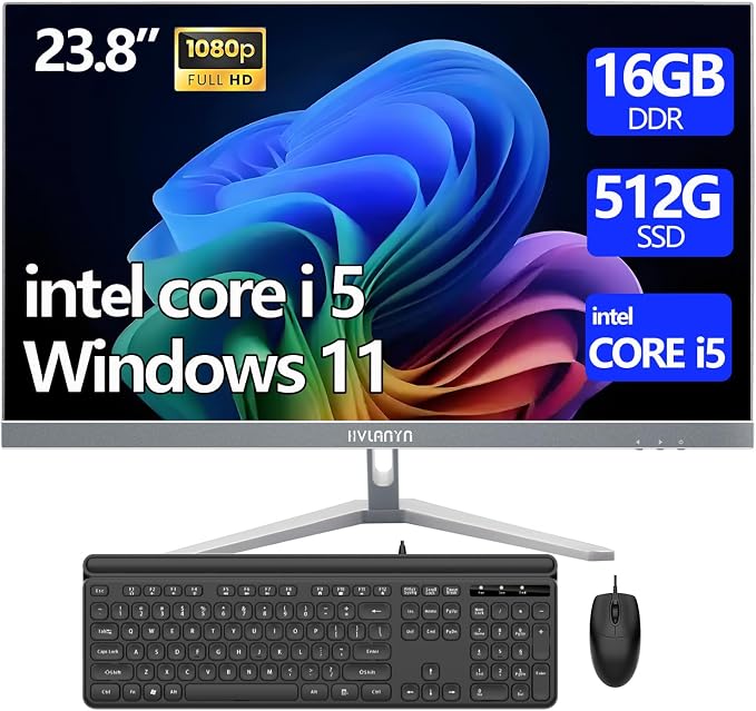 23.8-Inch Fhd All-in-One Desktop Compute,Core i5, 16GB DDR RAM,512GB PCIe SSD,1920×1080 FHD Display, WiFi, Bluetooth,Mouse and Keyboard Include,with 1-Year Warrant