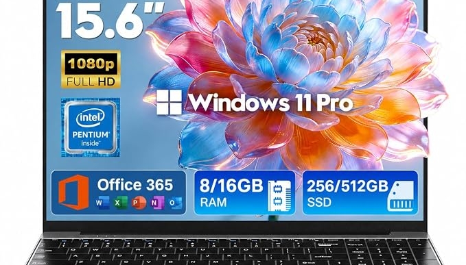 2026 Laptops Computer,15.6″ Windows 11 Pro Laptop with Office 365 included,16GB RAM 512GB SSD,Intel Pentium Process,6H Battery,Mini HDMI,cam|Mic,Portable Thin Lap Top for College Student Business Work